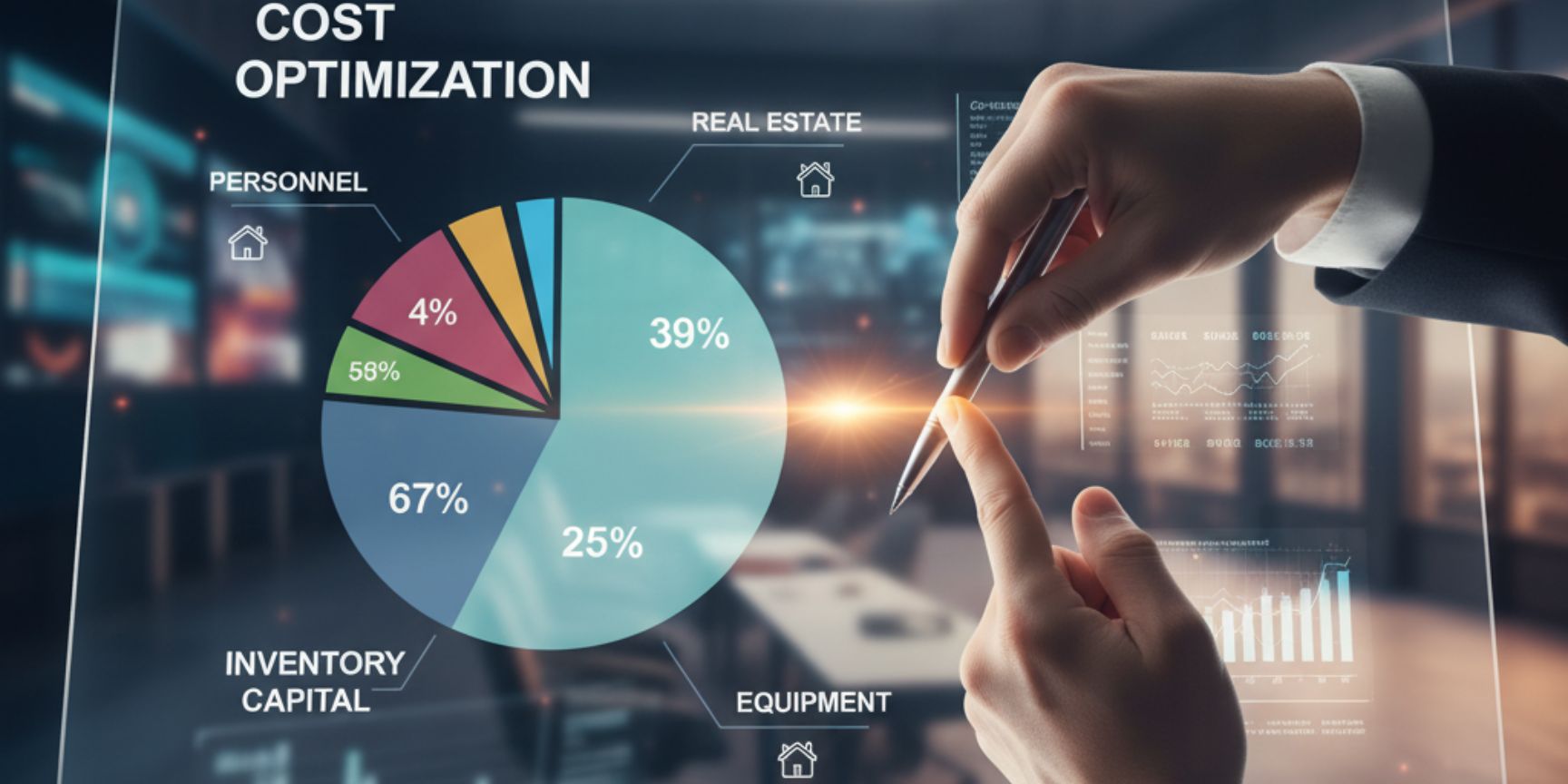 Close-up of a transparent screen representing a pie chart for cost optimization in a warehouse. The chart shows various cost components such as real estate, personnel, equipment and inventory capital. Two hands interact with the diagram, one of them holds a pen, suggesting analysis and strategic planning.